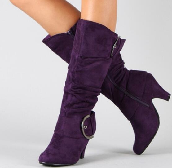 Buckle Strap Side Zip Heeled Mid Calf Boots.