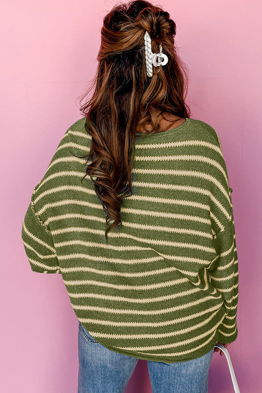 Green Stripe Drop Shoulder Casual Sweater