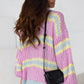 Pink Contrast Striped Open Front Cable Cardigan