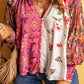 Pink Multicolor Floral Patchwork Shirred Cuffs Buttoned Blouse