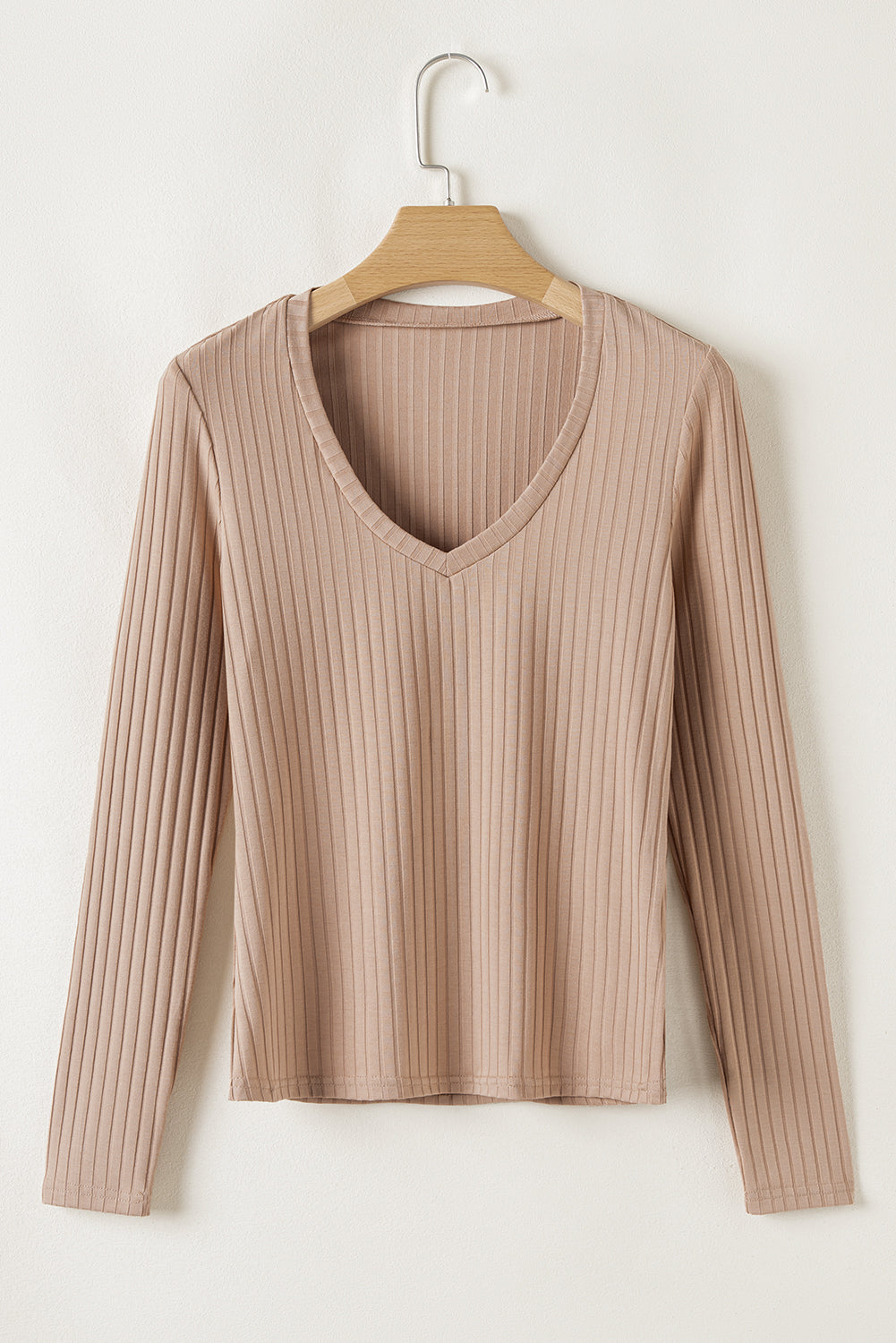 Straw Yellow Ribbed Knit V Neck Long Sleeve Slim Fit Top