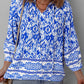 Blue Boho Printed 3/4 Sleeve Tied Neck Blouse