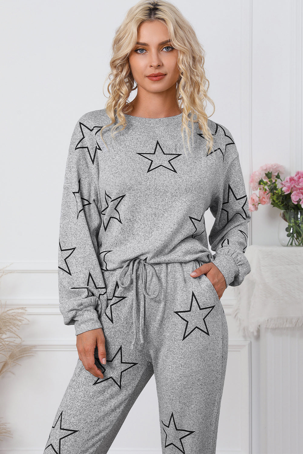 Grey Stars Print Long Sleeve Drawstring High Waist Lounge Set