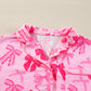 Pink Bow Knot Print Lapel Collar Short Sleeve and Pants Pyjamas Set