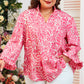 Pink Plus Size Floral Print Frilled Neck Puff Sleeve Top