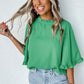 Green Frilly Round Neck Wide Half Sleeve Blouse