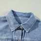 Beau Blue Ruffle Raw Hem Flap Pockets Denim Jacket