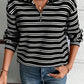 Black Stripe Textured Quarter Zip Collar Long Sleeve Top