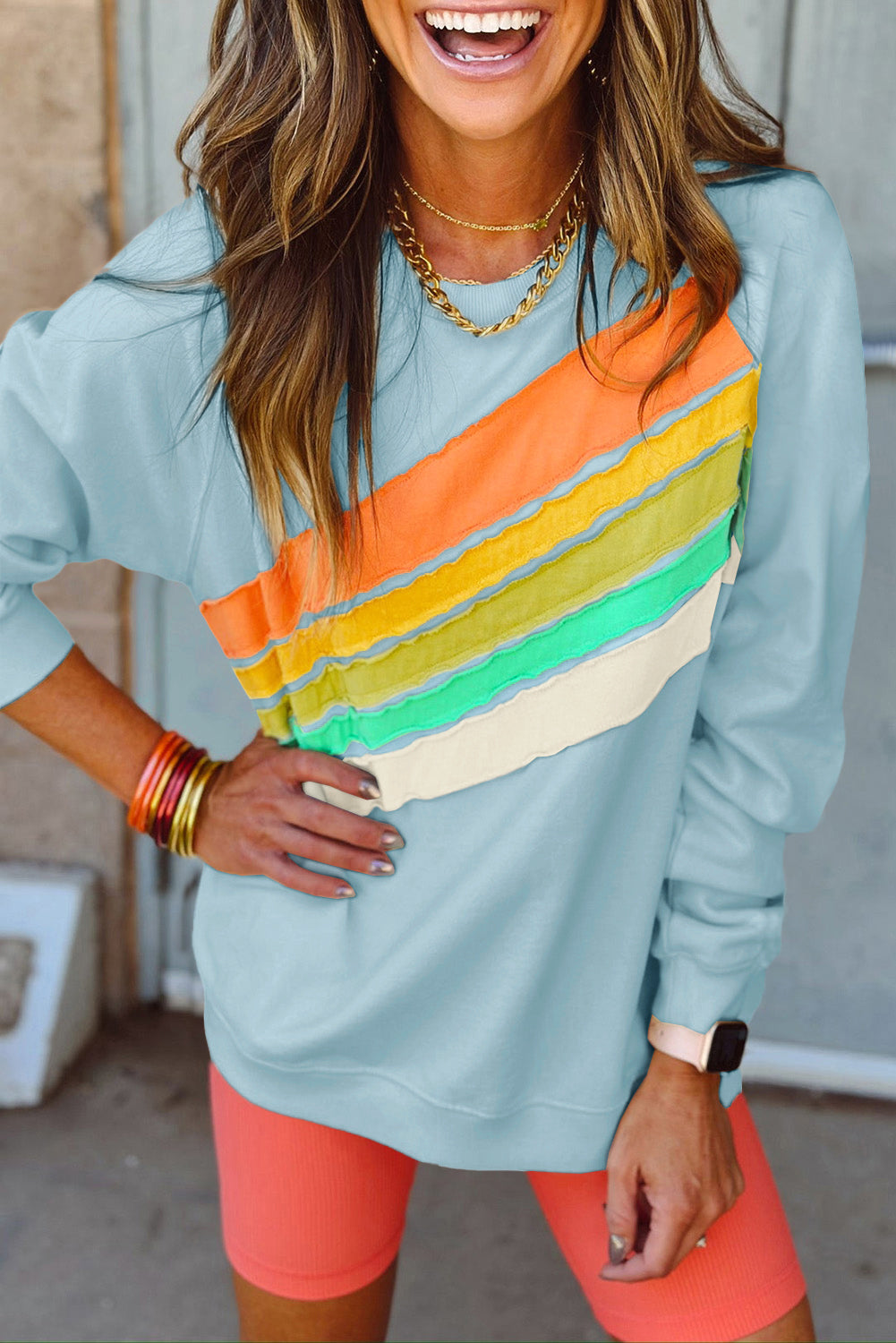 Beau Blue Rainbow Colourblock Striped Pullover Sweatshirt