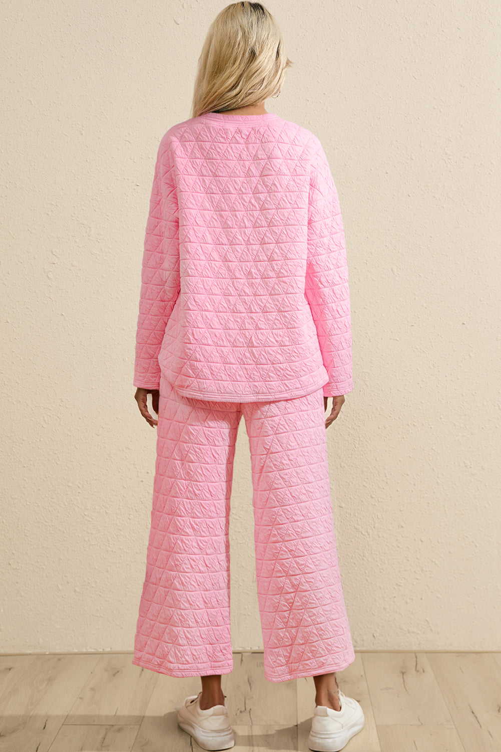 Pink Solid Quilted Pullover and Pants Outfit