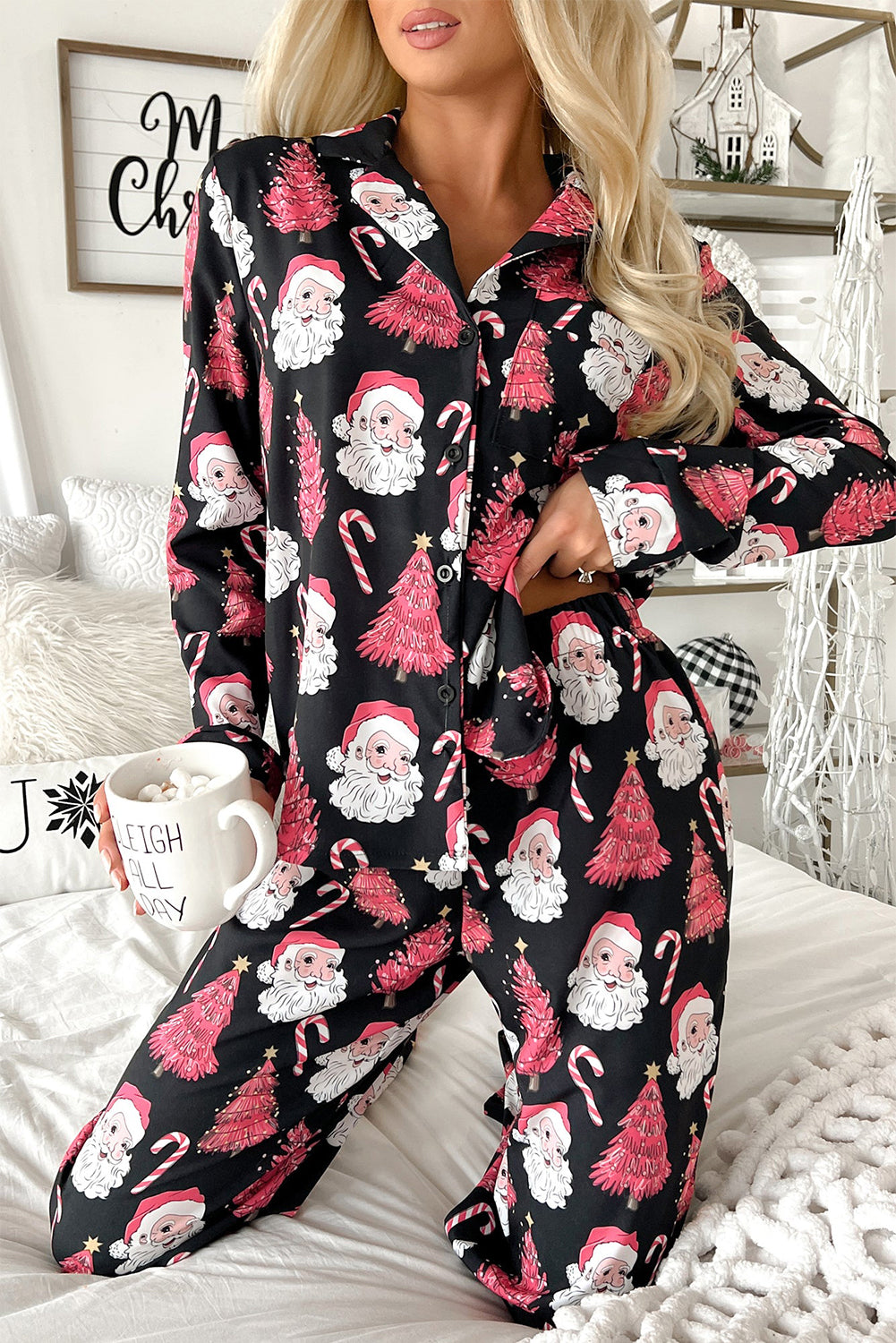 Black Christmas Santa Printed Two Piece Pyjamass Set