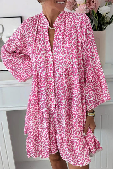 Bright Pink Leopard Printed Long Sleeve Buttoned Front Mini Dress