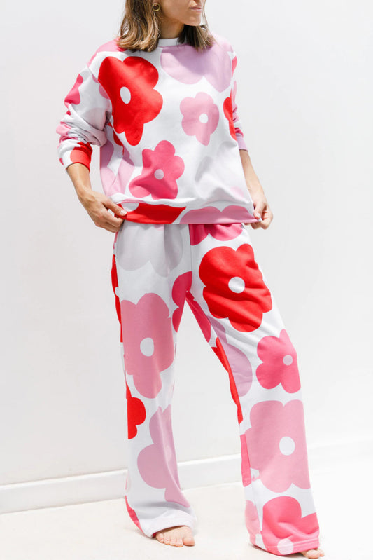 White Floral Print Pullover Top SweatTrousers Lounge Set