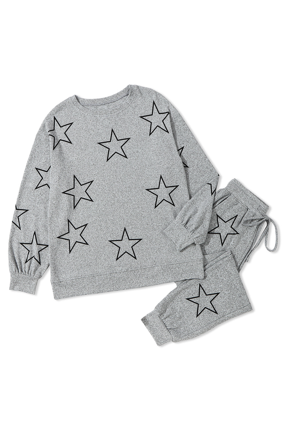 Grey Stars Print Long Sleeve Drawstring High Waist Lounge Set