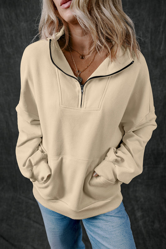 Smoke Grey Zip-up Stand Neck Kangaroo Pocket Sweatshirt