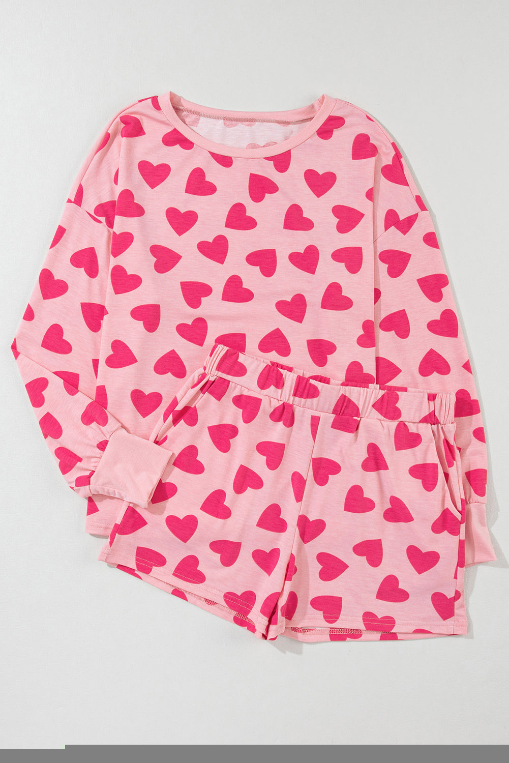 Pink Valentine Heart Shape Print Long Sleeve Top Shorts Lounge Set