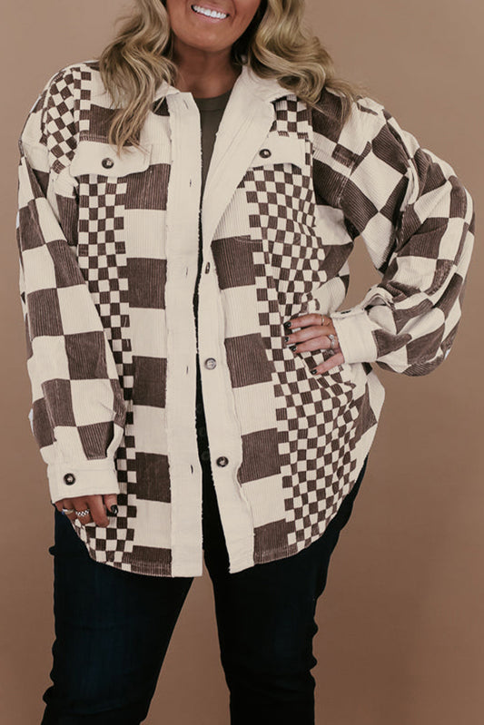 Brown Colour Block Checkered Print Corduroy Plus Size Shacket