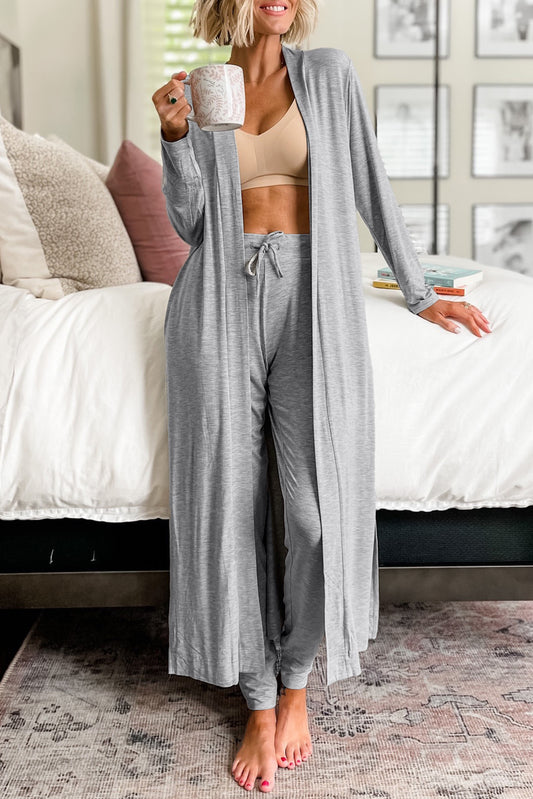 Light Grey Split Long Cardigan and Skinny Trousers Lounge Set