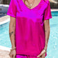 Bright Pink Satin V Neck Tee and Drawstring Shorts Set