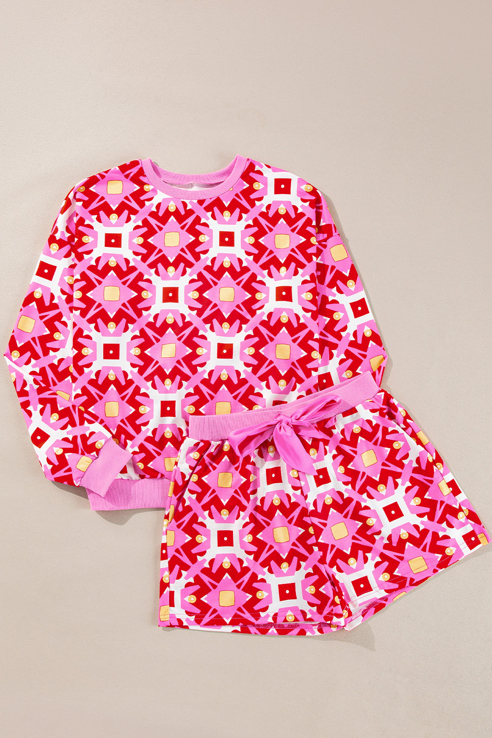 Sachet Pink Geometric Print Long Sleeve Top and Drawstring Shorts Set