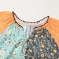 Green Floral Patchwork Lantern Sleeve Buttoned V Neck Plus Size Blouse