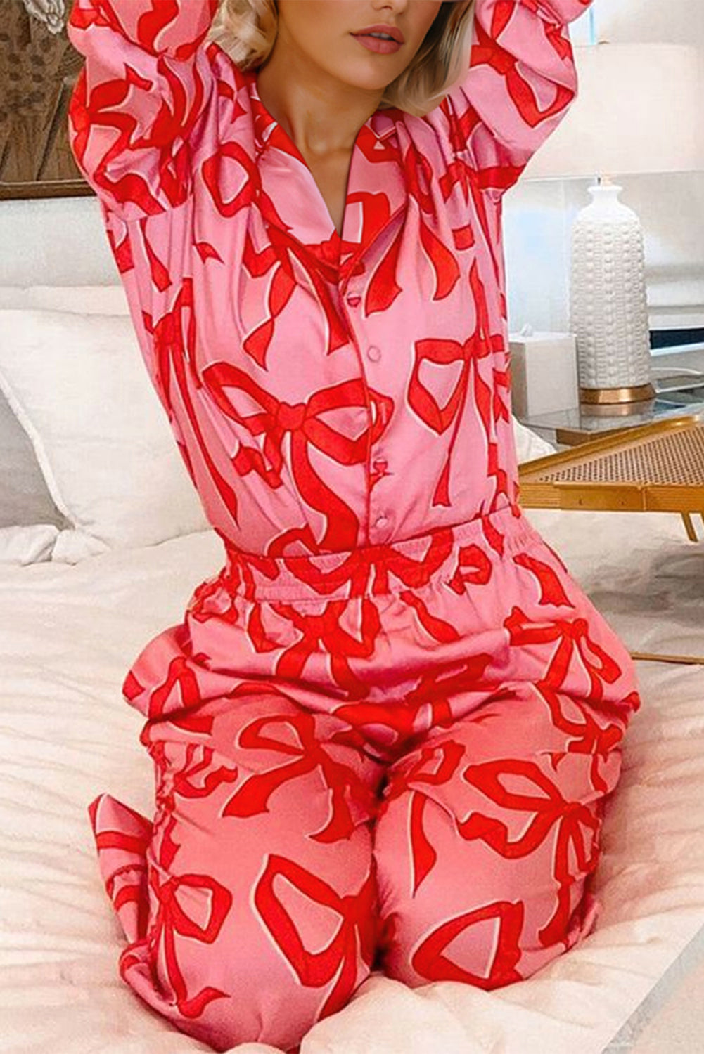 Pink 2pcs Bow Print Shirt Style Long Sleeve Pyjama Set