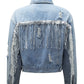 Sky Blue Sequin Embellished Fringe Distressed Denim Jacket