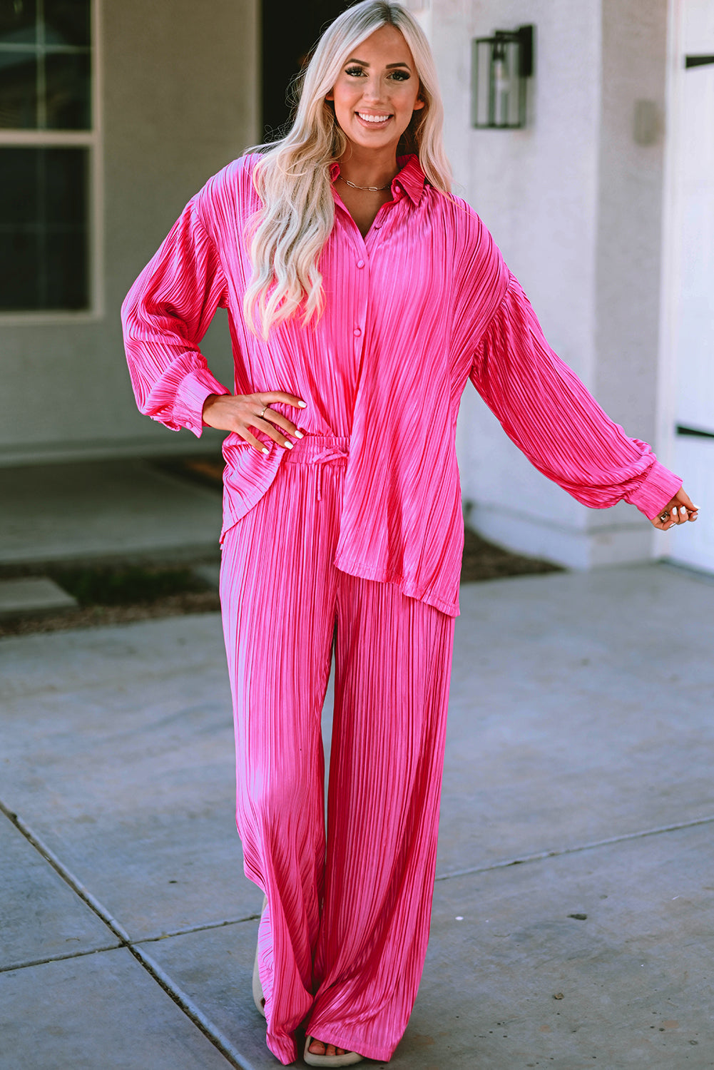 Rose Pleated Long Sleeve Shirt and Wide-Leg Trousers Set