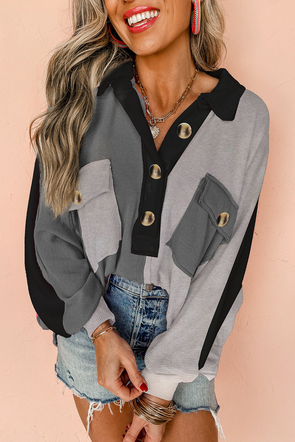 Grey Colourblock Ribbed Collared Oversized Sweatshirt