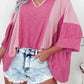 Bright Pink Textured Colourblock 3/4 Sleeve Oversize Top