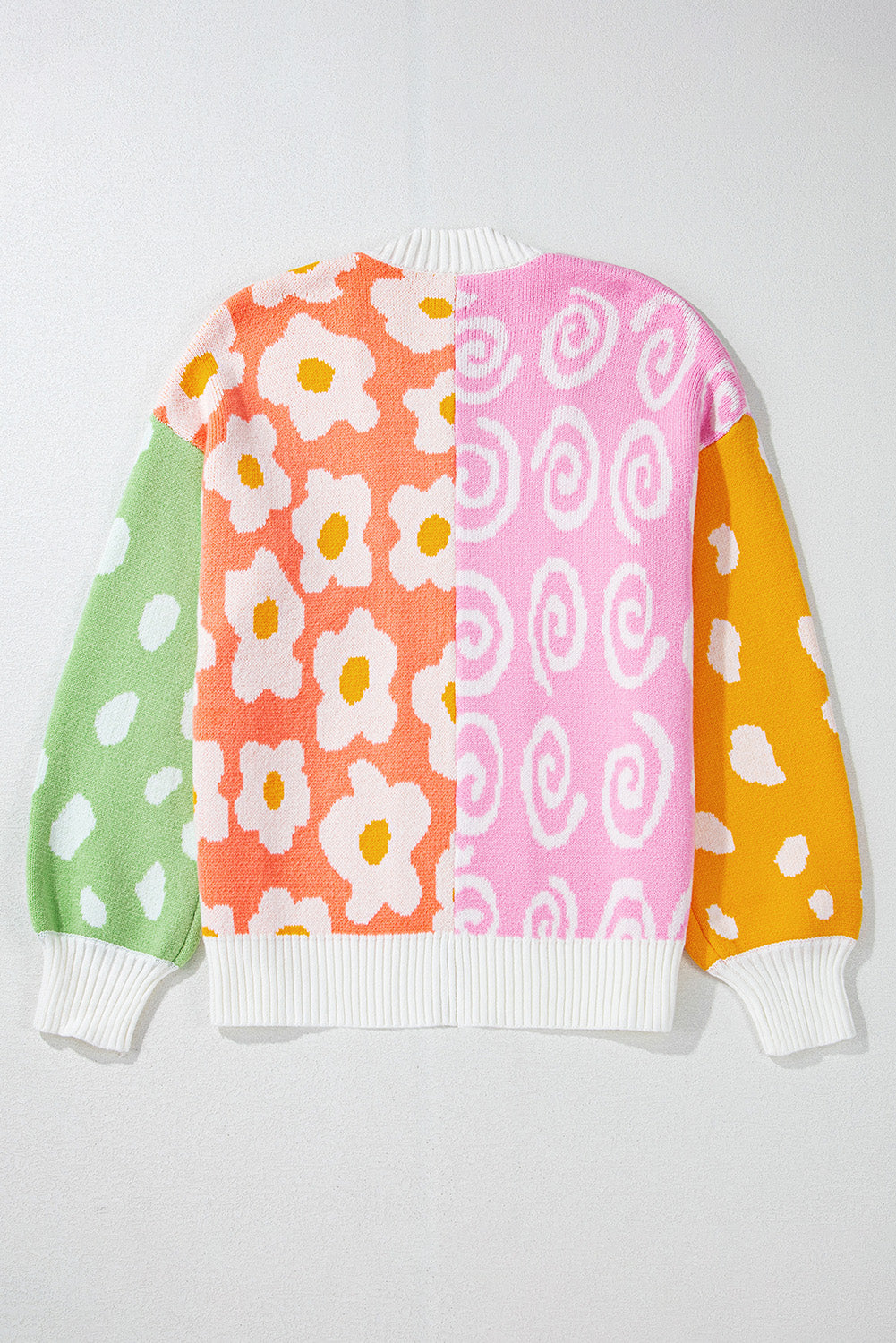 Orange Flower & Dotted Mixed Print Colourblock Open Front Cardigan