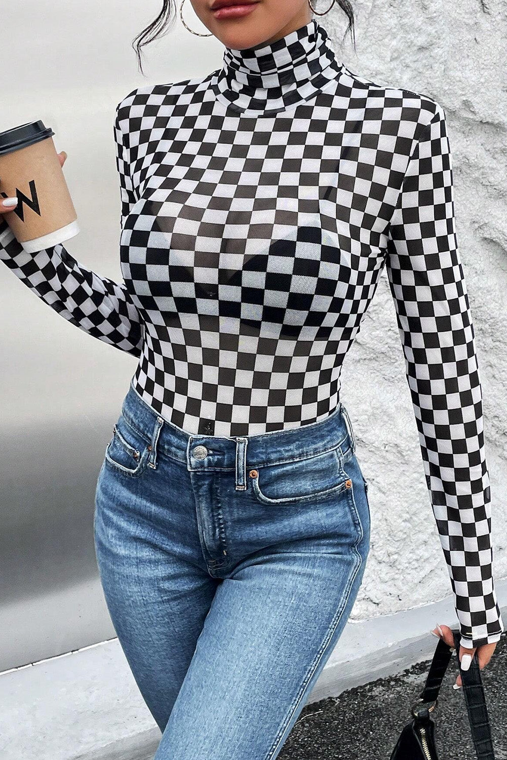 Brown Checkered Printed Long Sleeve High Neck Bodysuit