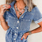 Dusk Blue Chest Pocket Front Buttoned Folded Edge Denim Short Sleeve Romper