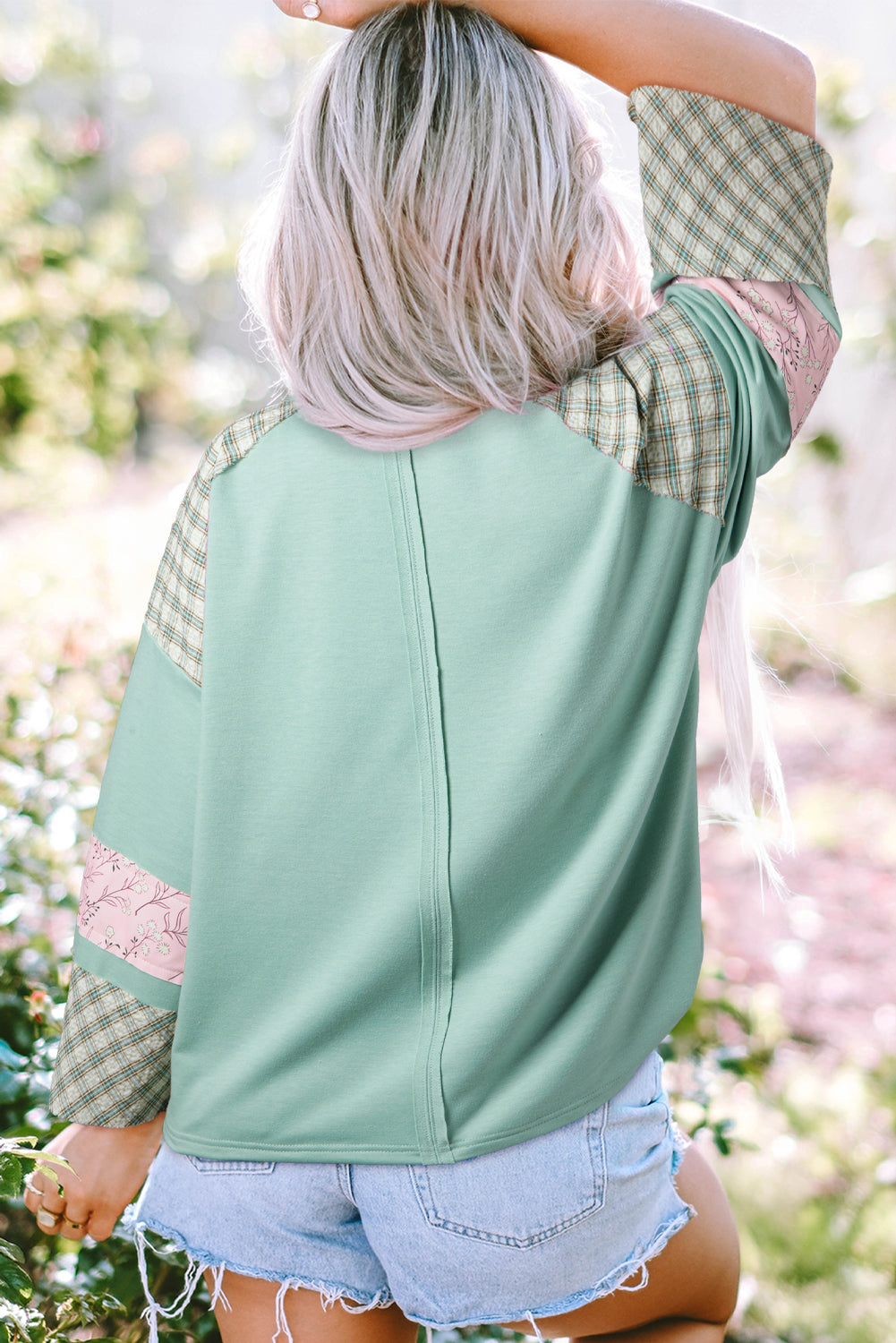 Clearly Aqua Plaid Floral Peace Heart Graphic Wide Long Sleeve Top