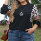 Black Leopard Sequin Patch Plus Size Long Sleeve Top