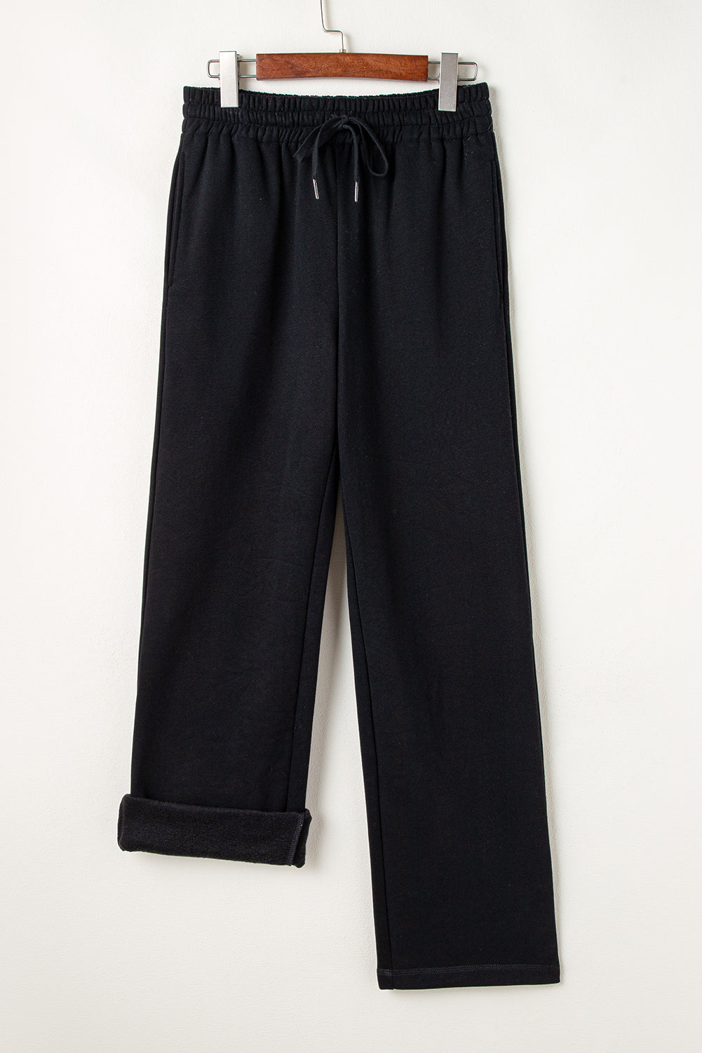 Navy Blue Solid Colour Fleece Lined Drawstring Waist Casual Trousers