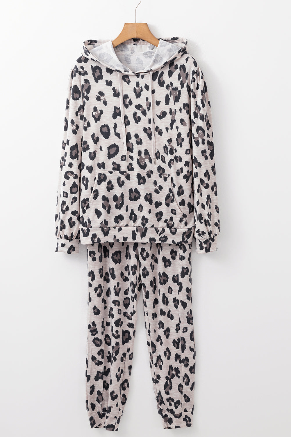 Khaki Leopard Print Drawstring Hoodie and Bottoms Pyjamas Lounge Set