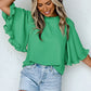 Green Frilly Round Neck Wide Half Sleeve Blouse