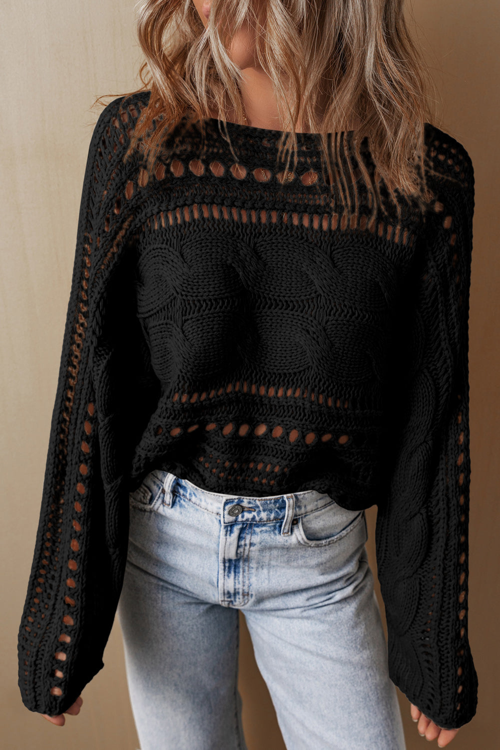 Blackish Green Hollow-out Cable Knit Cropped Sweater