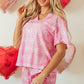 Pink Waffle Knit Bowknot Printed V Neck T Shirt and Shorts Set