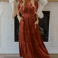 Chestnut Velvet Short Sleeve Shirred Waist Tiered Maxi Dress