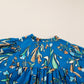 Blue Floral Notched V Neck Half Sleeve Plus Size Blouse