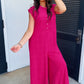 Bright Pink Terry Textured Sleeveless Button Front Wide Leg Jumpsuit