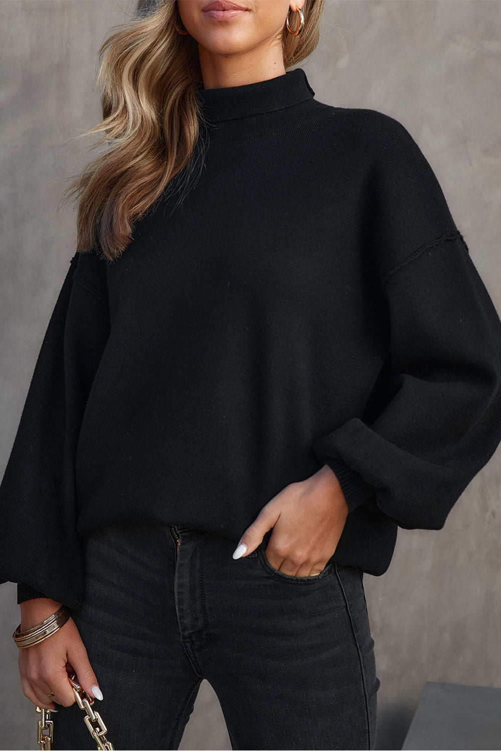 Turtleneck Drop Shoulder Bubble Sleeve Knit Sweater