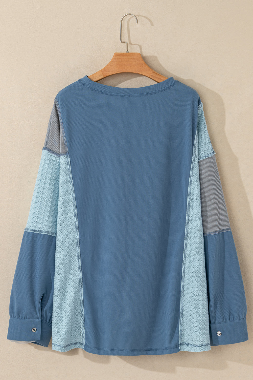 Dusk Blue Colourblock Stitching Patchwork Buttoned Long Sleeve Top