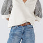 White Geometric Textured Short Sleeve Frilly V Neck Blouse