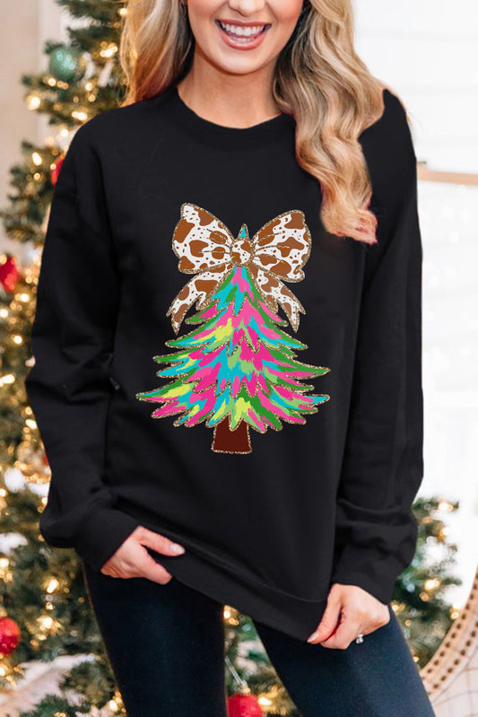 Black Bowknot Christmas Tree Shiny Graphic Sweatshirt