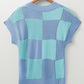 Light Blue Checkered Color Block Crew Neck Short Sleeve Sweater