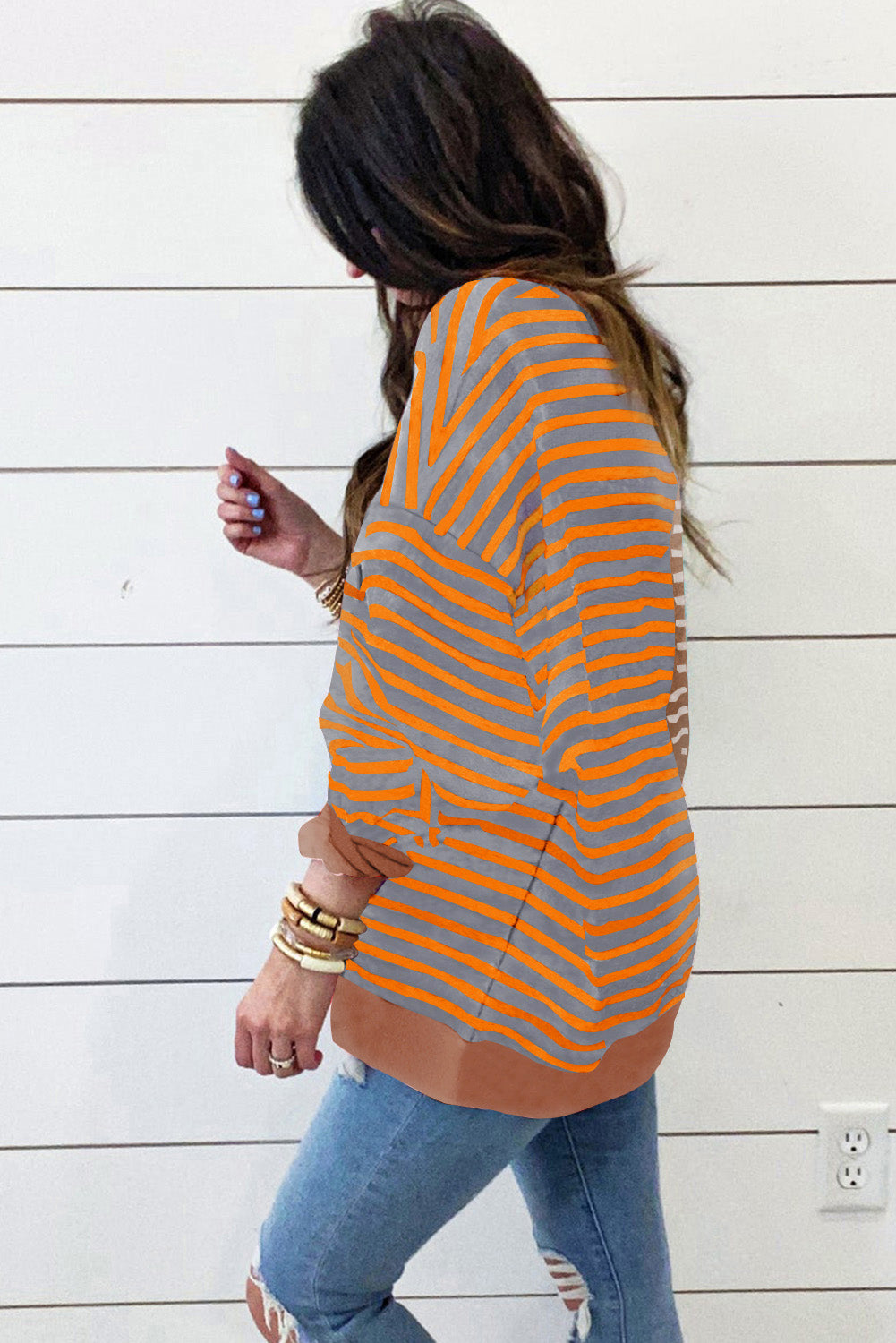 Brown Stripe Casual Stripe Colourblock Drop Shoulder Oversize Sweatshirt