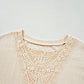 Beige Lace Crochet Patched Cable Textured Cuffed Short Sleeve Plus Size Top